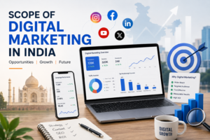 Scope of Digital Marketing in India illustration featuring SEO, social media, analytics dashboard, laptop, smartphone, and business growth concepts. Scope of Digital Marketing in India
